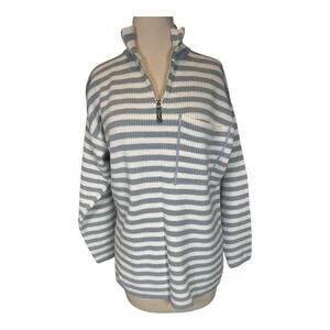 CLASSIQUES DU SPORT Nautical 100% Cotton 3/4 Zip Blue White Stripped Size Small